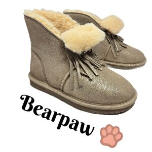 Bearpaw Womens Christie Boots Sz 8 Tan Suede Gold Glitter Wool Insole Fringe